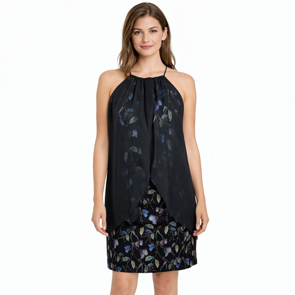 New w/tag EN FOCUS Studio Size 6 Chiffon Layered Halter Dress Floral Shimmer